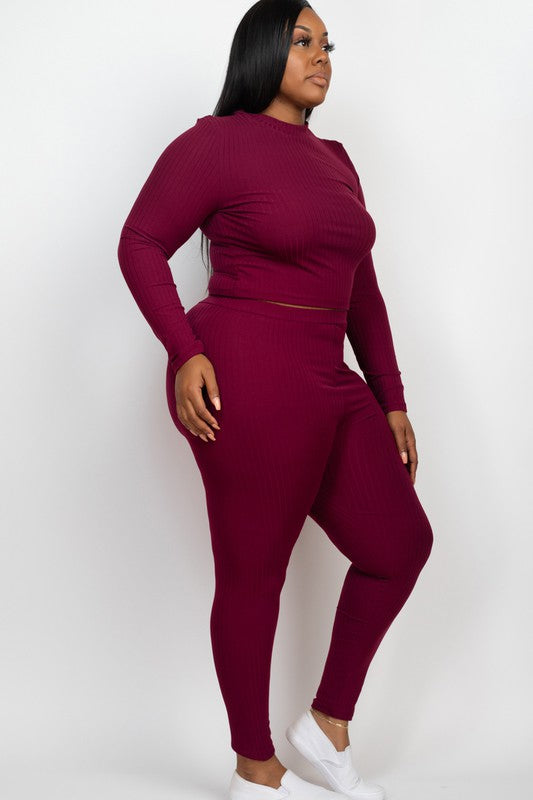 Plus Ribbed Mock Neck Long Sleeve Top & Leggings Set