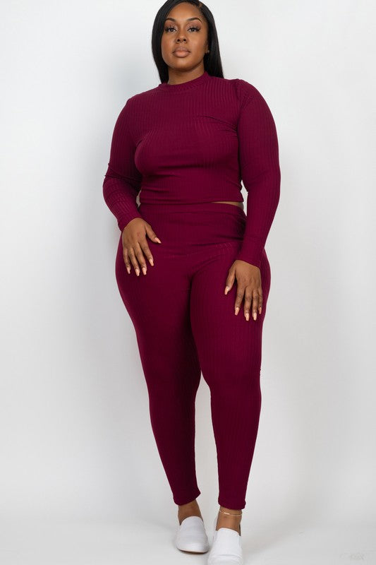 Plus Ribbed Mock Neck Long Sleeve Top & Leggings Set